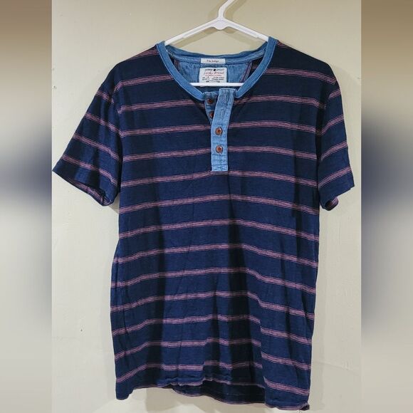 Lucky Brand size Small mens blue short sleeve striped Henley tee shirt - Picture 1 of 3
